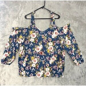 Torrid Womens Blouse Size 3XL Floral Off-Shoulder Blue Pink Boho Plus Size Top